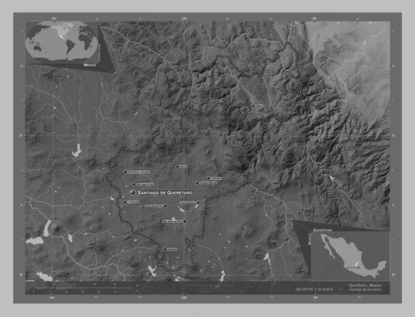 Queretaro Stan Meksyk Mapa Wzniesień Skali Szarości Jeziorami Rzekami Lokalizacje — Zdjęcie stockowe