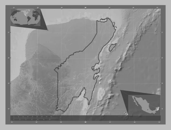 Quintana Roo State Mexico Grayscale Elevation Map Lakes Rivers Corner — Stock Photo, Image
