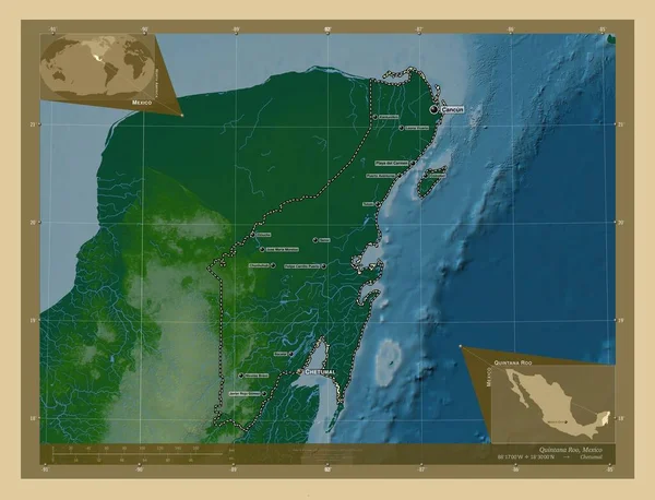 Quintana Roo Stan Meksyk Kolorowa Mapa Wzniesień Jeziorami Rzekami Lokalizacje — Zdjęcie stockowe