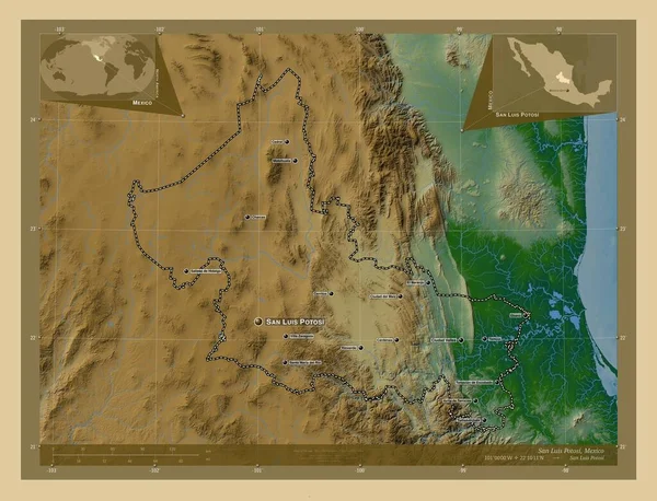 メキシコのサン ルイス ポトシ州 湖や川と色の標高マップ 地域の主要都市の位置と名前 コーナー補助位置図 — ストック写真