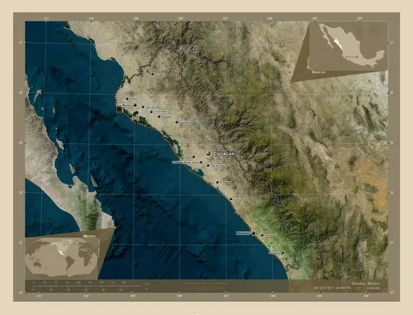 シナロア メキシコの州 高解像度衛星地図 地域の主要都市の位置と名前 コーナー補助位置図 — ストック写真
