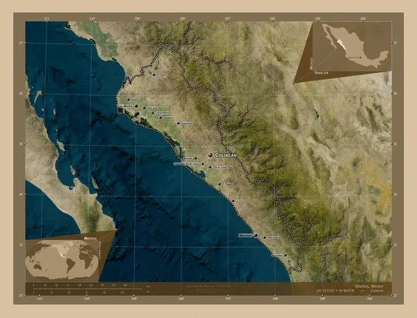 シナロア メキシコの州 低解像度衛星地図 地域の主要都市の位置と名前 コーナー補助位置図 — ストック写真