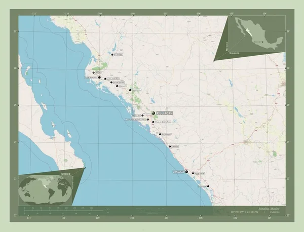 シナロア メキシコの州 ストリートマップを開く 地域の主要都市の位置と名前 コーナー補助位置図 — ストック写真