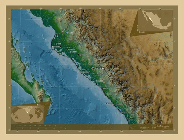 墨西哥的锡那罗亚州有湖泊和河流的彩色高程图 该区域主要城市的地点和名称 角辅助位置图 — 图库照片