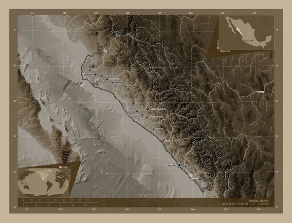 Sinaloa Estado México Mapa Elevación Coloreado Tonos Sepia Con Lagos — Foto de Stock