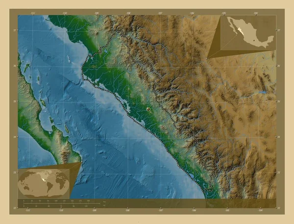 Sinaloa Mexikó Állam Színes Domborzati Térkép Tavakkal Folyókkal Saroktérképek Kiegészítő — Stock Fotó