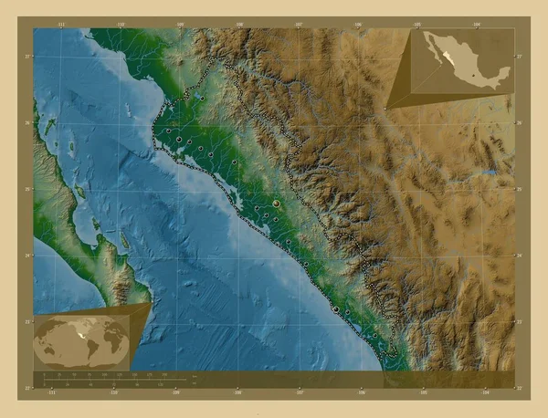 Sinaloa Estado México Mapa Elevación Colores Con Lagos Ríos Ubicaciones — Foto de Stock