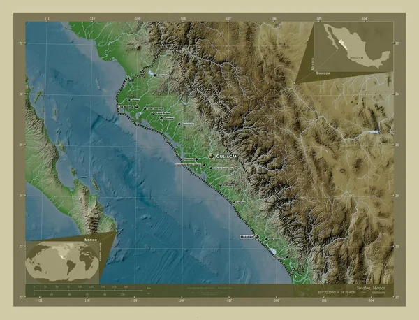 シナロア メキシコの州 湖や川とWikiスタイルで着色された標高マップ 地域の主要都市の位置と名前 コーナー補助位置図 — ストック写真