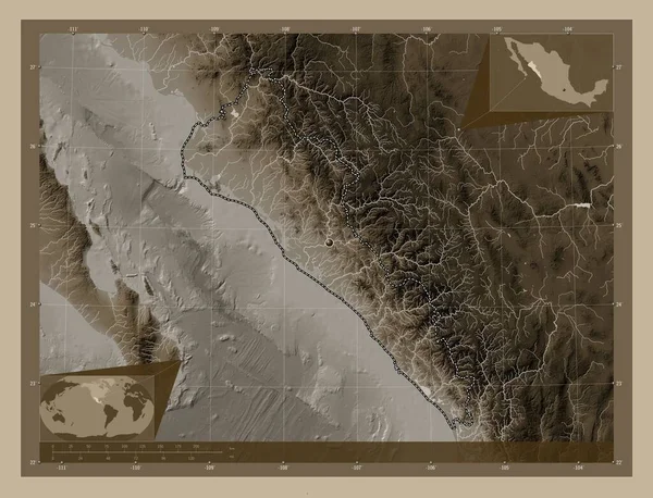 Sinaloa Stan Meksyk Mapa Elewacji Kolorowe Sepia Dźwięki Jeziorami Rzekami — Zdjęcie stockowe