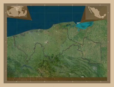 Tabasco, Meksika Eyaleti. Düşük çözünürlüklü uydu. Köşedeki yedek konum haritaları