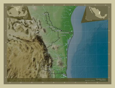 Tamaulipas, Meksika eyaleti. Yükseklik haritası göller ve nehirlerle wiki tarzında renklendirilmiş. Bölgenin büyük şehirlerinin yerleri ve isimleri. Köşedeki yedek konum haritaları