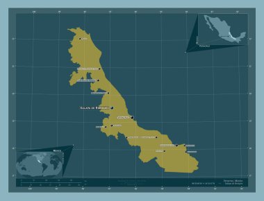 Veracruz, Meksika eyaleti. Katı renk şekli. Bölgenin büyük şehirlerinin yerleri ve isimleri. Köşedeki yedek konum haritaları