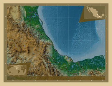 Veracruz, Meksika eyaleti. Gölleri ve nehirleri olan renkli yükseklik haritası. Bölgenin büyük şehirlerinin yerleri. Köşedeki yedek konum haritaları