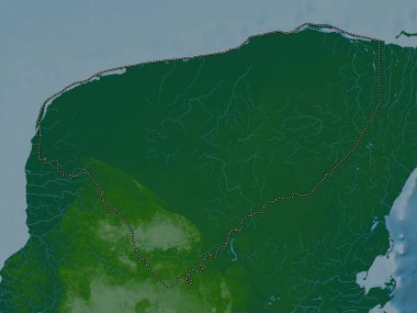 Yucatan, Meksika Eyaleti. Gölleri ve nehirleri olan renkli yükseklik haritası