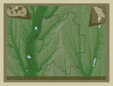 Cantemir, Moldova bölgesi. Yükseklik haritası göller ve nehirlerle wiki tarzında renklendirilmiş. Bölgenin büyük şehirlerinin yerleri. Köşedeki yedek konum haritaları