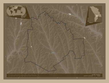 Cimislia, Moldova bölgesi. Yükseklik haritası sepya tonlarında göller ve nehirlerle renklendirilmiş. Bölgenin büyük şehirlerinin yerleri ve isimleri. Köşedeki yedek konum haritaları