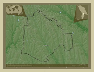 Cimislia, Moldova bölgesi. Yükseklik haritası göller ve nehirlerle wiki tarzında renklendirilmiş. Bölgenin büyük şehirlerinin yerleri ve isimleri. Köşedeki yedek konum haritaları