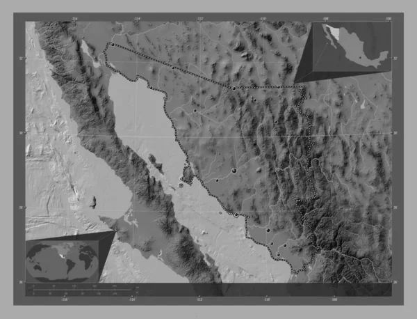索诺拉 墨西哥州 带湖泊和河流的比尔维尔高程图 该区域主要城市的所在地点 角辅助位置图 — 图库照片