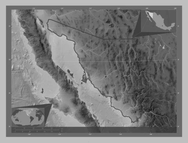Sonora Meksika Eyaleti Gölleri Nehirleri Olan Gri Tonlama Yükseklik Haritası — Stok fotoğraf