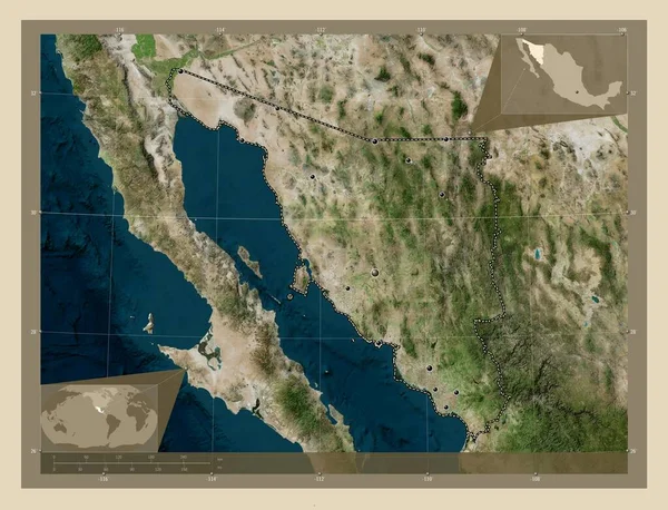 ソノーラ メキシコの州 高解像度衛星地図 地域の主要都市の場所 コーナー補助位置図 — ストック写真