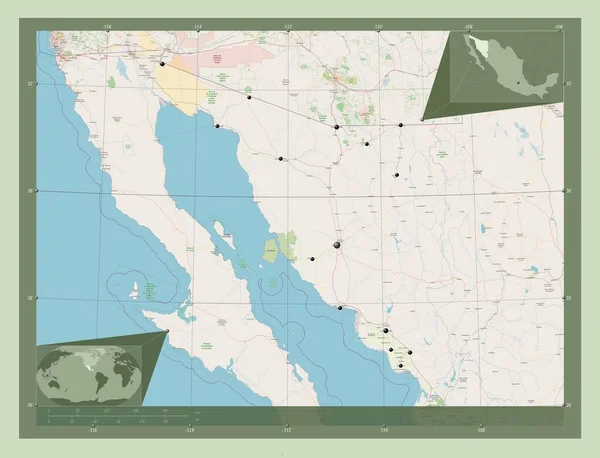 ソノーラ メキシコの州 ストリートマップを開く 地域の主要都市の場所 コーナー補助位置図 — ストック写真