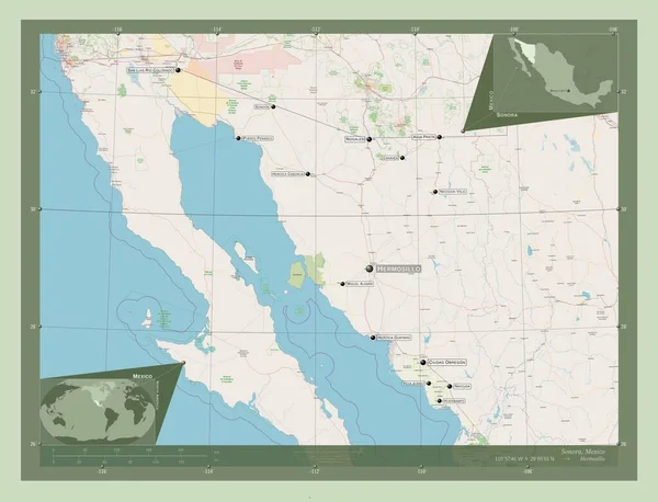 ソノーラ メキシコの州 ストリートマップを開く 地域の主要都市の位置と名前 コーナー補助位置図 — ストック写真
