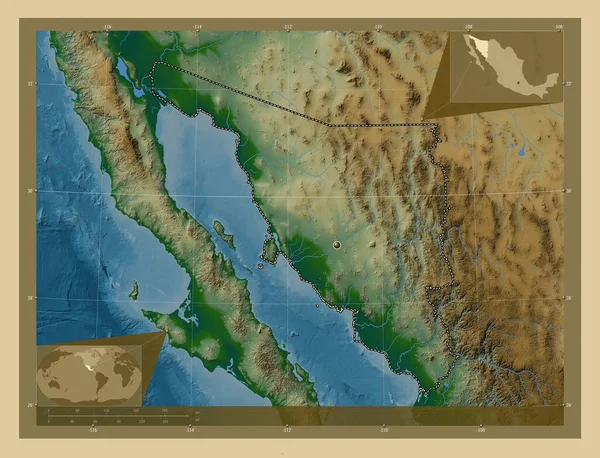 Sonora Stan Meksyk Kolorowa Mapa Wzniesień Jeziorami Rzekami Pomocnicze Mapy — Zdjęcie stockowe