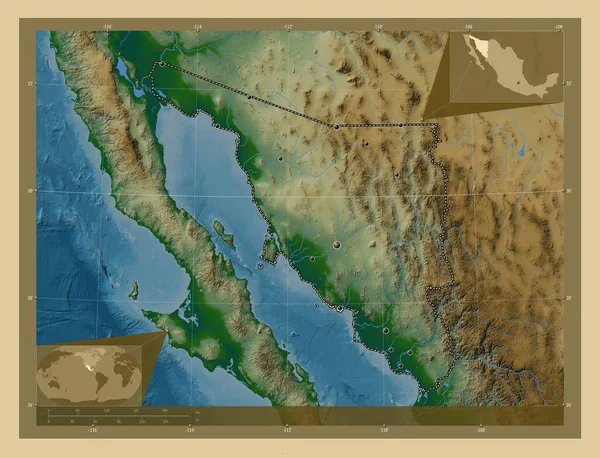 索诺拉 墨西哥州 有湖泊和河流的彩色高程图 该区域主要城市的所在地点 角辅助位置图 — 图库照片