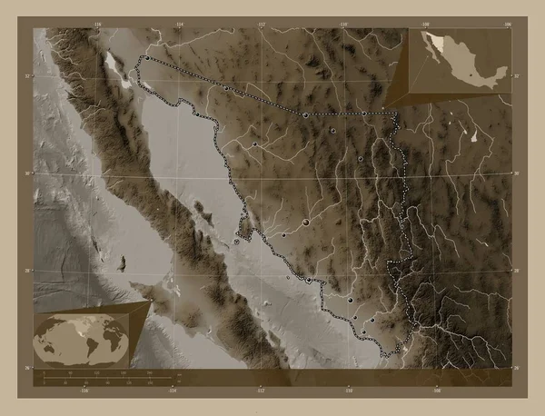 Sonora State Mexico Elevation Map Colored Sepia Tones Lakes Rivers — Stock Photo, Image
