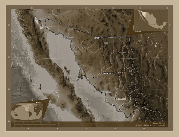 Sonora Mexikó Állam Magassági Térkép Színes Szépia Tónusok Folyók Régió — Stock Fotó