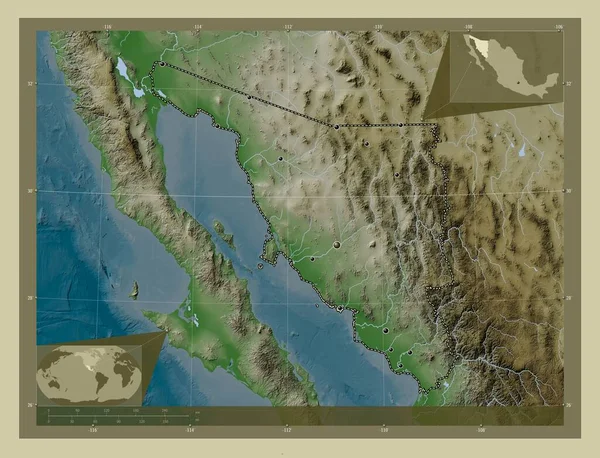 ソノーラ メキシコの州 湖や川とWikiスタイルで着色された標高マップ 地域の主要都市の場所 コーナー補助位置図 — ストック写真