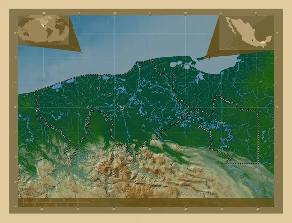 Табаско Штат Мексика Цветная Карта Высоты Озерами Реками Места Расположения — стоковое фото