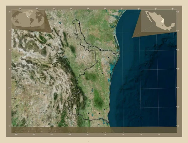 Tamaulipas 墨西哥州高分辨率卫星地图 该区域主要城市的所在地点 角辅助位置图 — 图库照片