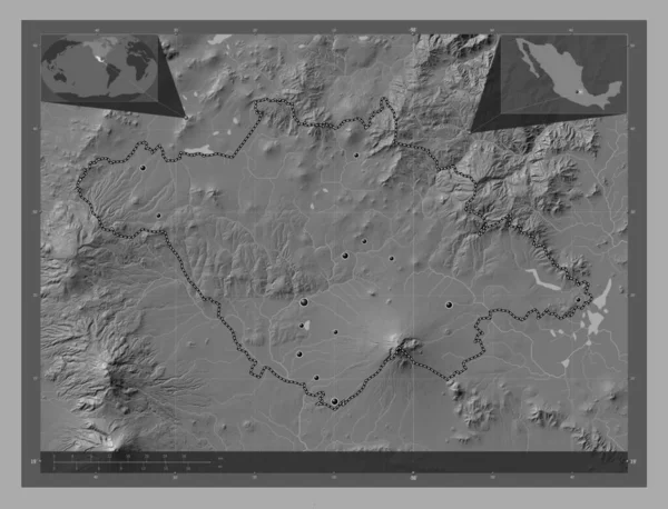 墨西哥的特拉斯卡拉 带湖泊和河流的比尔维尔高程图 该区域主要城市的所在地点 角辅助位置图 — 图库照片