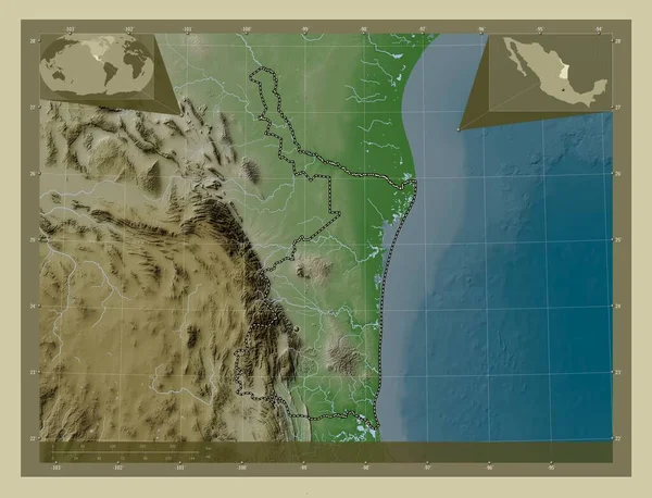 Tamaulipas 墨西哥州用Wiki风格绘制的带有湖泊和河流的高程地图 角辅助位置图 — 图库照片