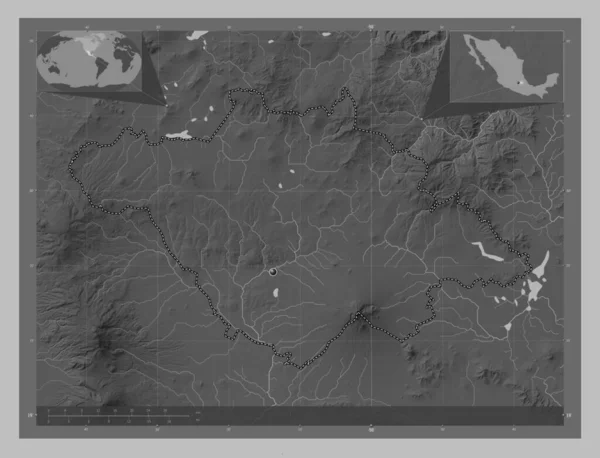 墨西哥的特拉斯卡拉 带有湖泊和河流的灰度高程图 角辅助位置图 — 图库照片