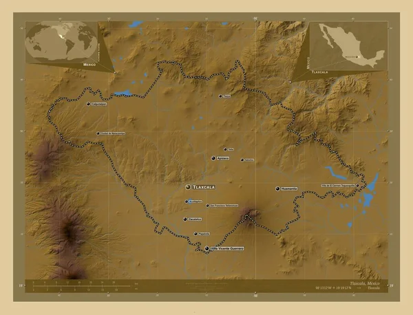 メキシコのトラスカラ州 湖や川と色の標高マップ 地域の主要都市の位置と名前 コーナー補助位置図 — ストック写真