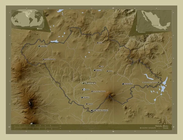墨西哥的特拉斯卡拉 用Wiki风格绘制的带有湖泊和河流的高程地图 该区域主要城市的地点和名称 角辅助位置图 — 图库照片