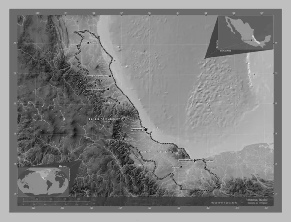 Veracruz State Mexico Grayscale Elevation Map Lakes Rivers Locations Names — Stock Photo, Image