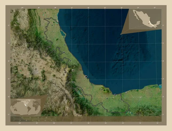 墨西哥的韦拉克鲁斯州 高分辨率卫星地图 该区域主要城市的所在地点 角辅助位置图 — 图库照片