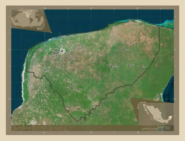 ユカタン メキシコの州 高解像度衛星地図 地域の主要都市の位置と名前 コーナー補助位置図 — ストック写真