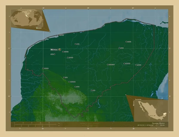 Jukatan Stan Meksyk Kolorowa Mapa Wzniesień Jeziorami Rzekami Lokalizacje Nazwy — Zdjęcie stockowe