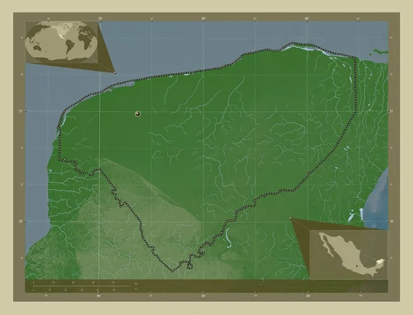 墨西哥尤卡坦州用Wiki风格绘制的带有湖泊和河流的高程地图 角辅助位置图 — 图库照片