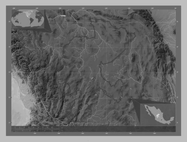 Сакатекас Штат Мексика Карта Высот Оттенках Серого Озерами Реками Вспомогательные — стоковое фото