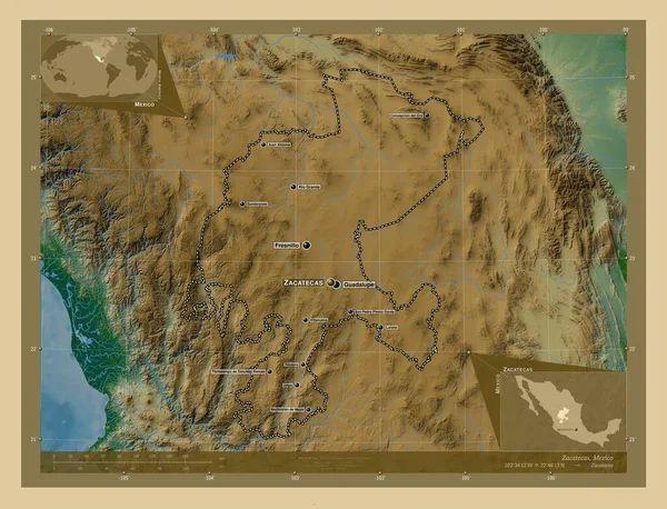 Сакатекас Штат Мексика Цветная Карта Высоты Озерами Реками Места Названия — стоковое фото