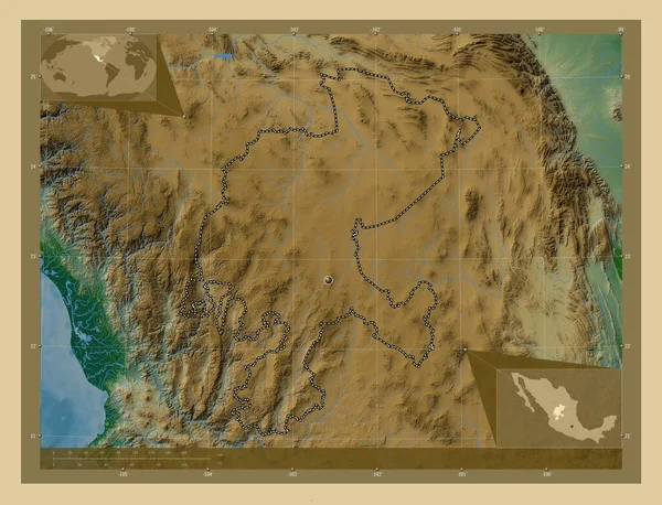 Сакатекас Штат Мексика Цветная Карта Высоты Озерами Реками Вспомогательные Карты — стоковое фото