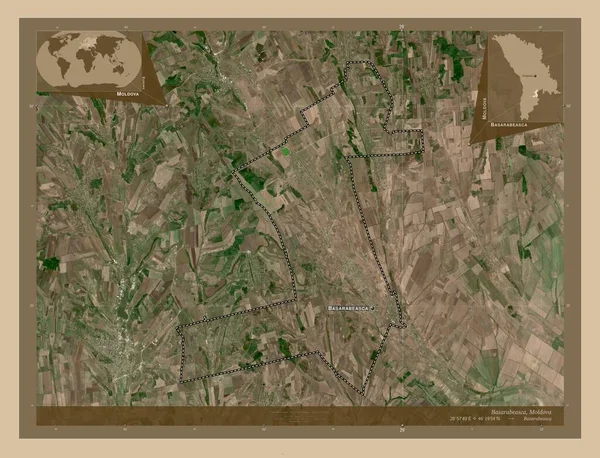 Basarabeasca 地区Of Moldova 低分辨率卫星地图 该区域主要城市的地点和名称 角辅助位置图 — 图库照片