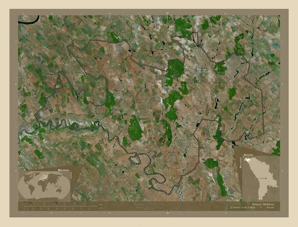 Briceni 摩尔多瓦区 高分辨率卫星地图 该区域主要城市的地点和名称 角辅助位置图 — 图库照片