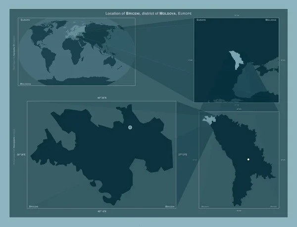 Stock image Briceni, district of Moldova. Diagram showing the location of the region on larger-scale maps. Composition of vector frames and PNG shapes on a solid background