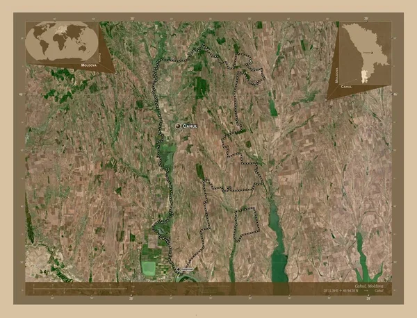 チョル モルドバの地区 低解像度衛星地図 地域の主要都市の位置と名前 コーナー補助位置図 — ストック写真